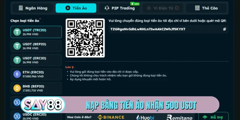 Nạp bằng tiền ảo nhận 500 USDT
